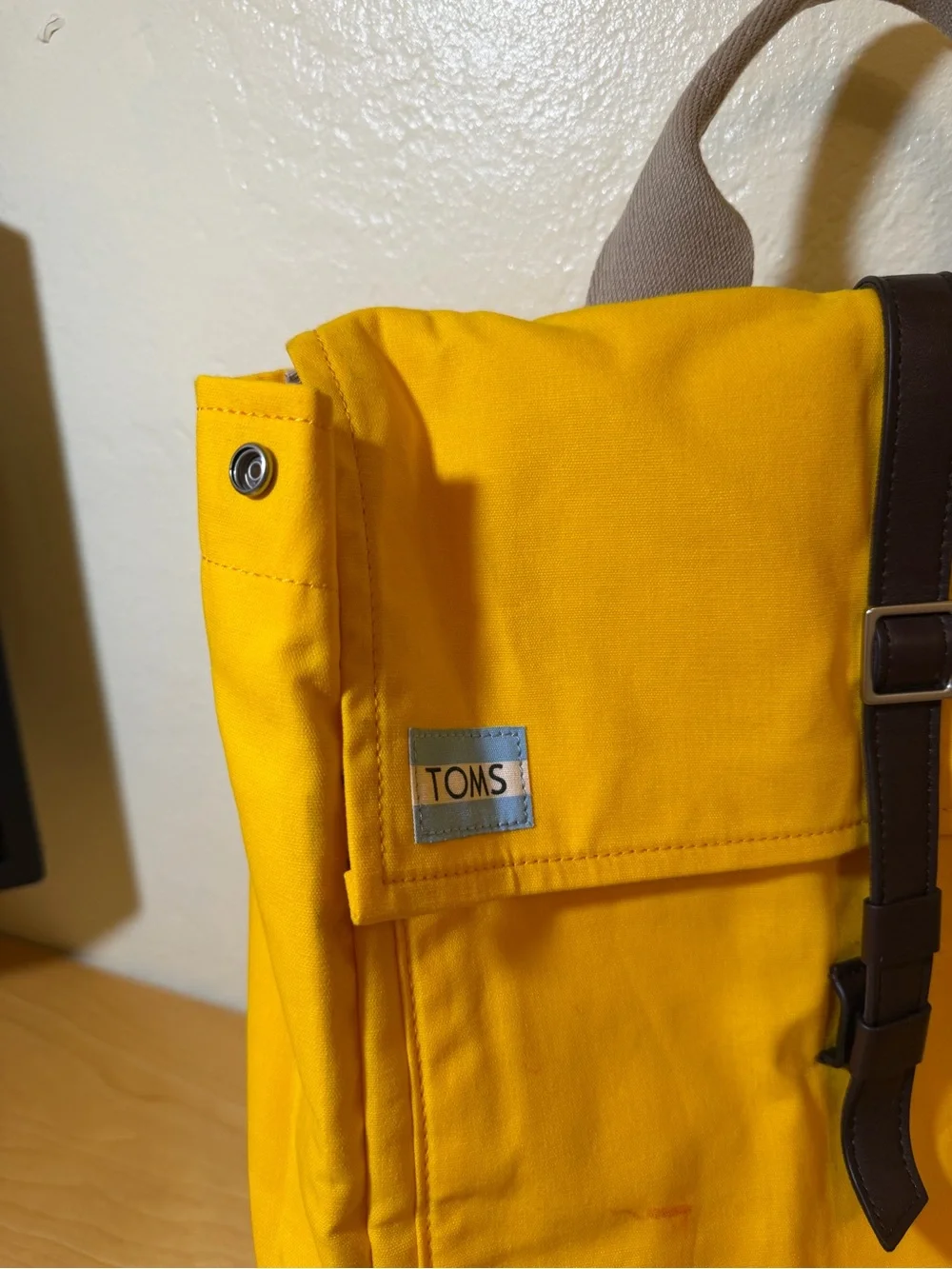 TOMS Yellow Canvas Roll-Top Backpack with Dark Brown Strap